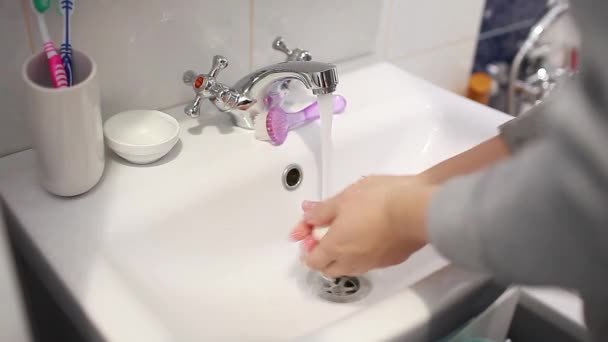 Woman Washing Hands Bathroom Using Soap Water Home Coronavirus Covid — Stock Video