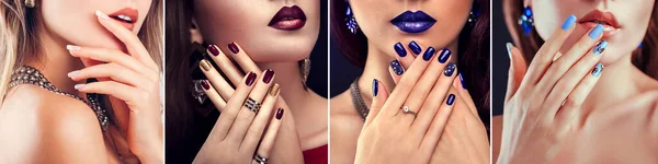 Nail art and design. Beauty fashion model with different make-up and manicure wearing jewelry. Set of four stylish looks