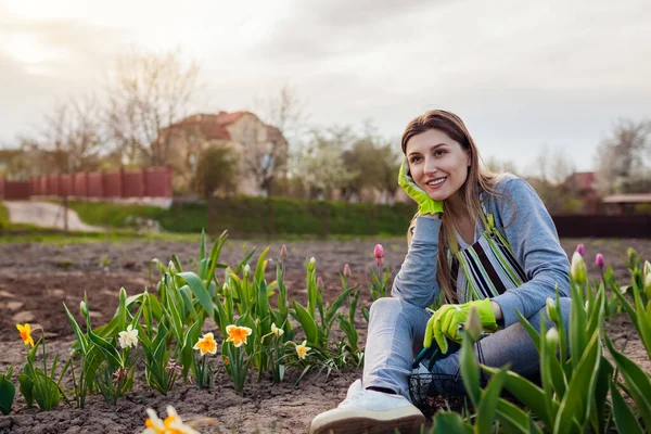Jardinero Sonriente Relajante Entre Tulipanes Frescos Narcisos Jacintos Jardín Primavera — Foto de Stock