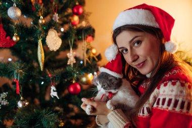 Noel 'i evde süslenmiş bir yılbaşı ağacıyla kutlayan kediye sarılan bir kadının portresi. Noel Baba 'nın şapkasını takan evcil hayvan neşeli ve rahat hissediyor.