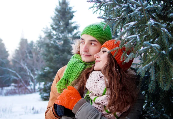 Jovem casal apaixonado abraçando na floresta de inverno — Fotografia de Stock