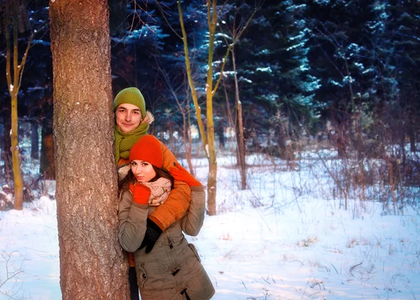 爱在冬季森林中拥抱对年轻夫妇 — 图库照片
