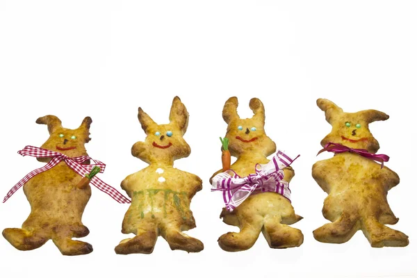 Funny bunnies made from yeast dough — Stock Photo, Image