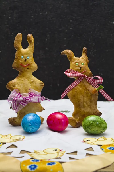 Funny bunnies made from yeast dough — Stock Photo, Image