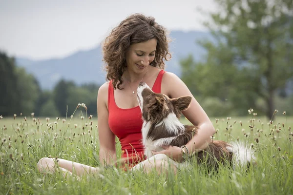 Dog and woman in a meadow Royalty Free Stock Photos