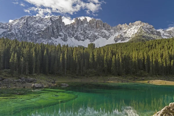 Lake Carezza with Latemar Mountains — Stockfoto