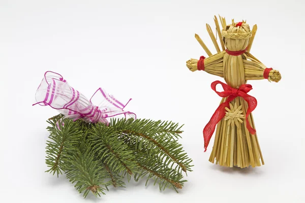 Fir green  tree branch with red ribbon and straw angels — Stock Fotó