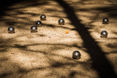 Petanque topları, ağaç dalları arasında ağaç meyveleri gibi.