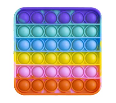 Stres önleyici oyuncak beyaz arka planda, izole bir şekilde duruyor. Renkli silikon oyuncak, kabarcık kıpırtı, basit gamze