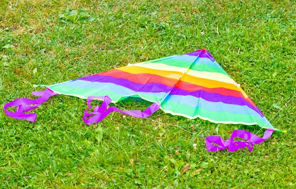 Un cerf-volant multicolore est couché sur l'herbe verte Photos De Stock Libres De Droits