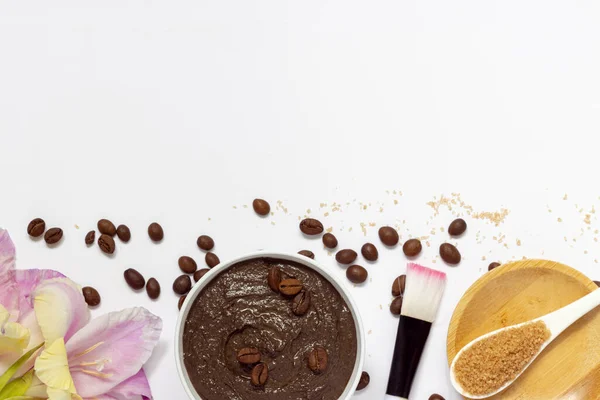 coffee scrub with coffee beans and cane sugar, copy space