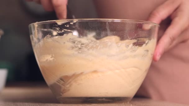 Kobiece dłonie mieszają ciasto w szklanej misce z łopatką — Wideo stockowe