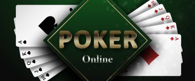 Koyu yeşil arka planda poker ve elmas ve maça takımının kraliyet floşu. Kumarhane reklamcılığı, poker, kumar geçmişi. Vektör illüstrasyonu.