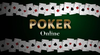Çevrimiçi poker, koyu yeşil arka plan ve her şeritten as. Kumarhane reklamcılığı, poker, kumar geçmişi. Vektör illüstrasyonu.