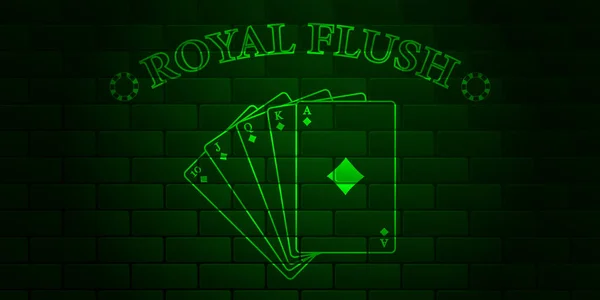 Donkergroene Bakstenen Muur Met Gloeiende Tekst Poker Royal Flush Van — Stockvector