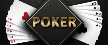 Siyah arka planda poker ve kalp ve sinek takımının floşu. Kumarhane reklamcılığı, poker, kumar geçmişi. Vektör illüstrasyonu.