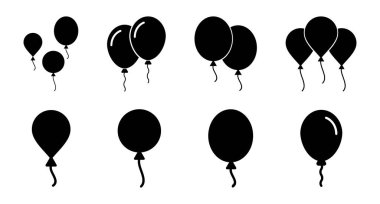 Balon simgesi ayarlandı. Parti balonu süsleme doğum günü vektörü. Balon siyah siluet simgesi