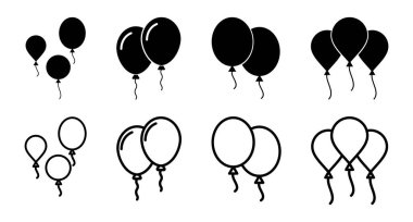 Balon simgesi ayarlandı. Parti balonu süsleme doğum günü vektörü. Balon siyah siluet simgesi