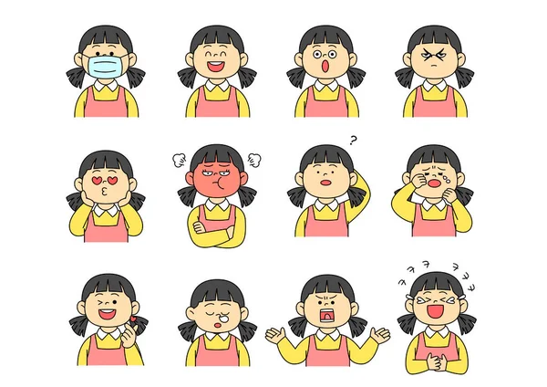 Asiatische Mädchenfigur Mit Verschiedenen Gesichtsausdrücken Und Masken — Stockvektor