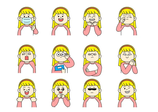 色々な表情と仮面を持つ金髪女のキャラクター — ストックベクタ