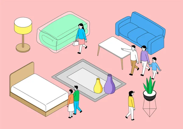 Shopping Kategorie Möbel Und Menschen Illustration — Stockvektor