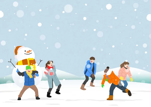 Счастливые Люди Зимой Борются Снегом — стоковый вектор