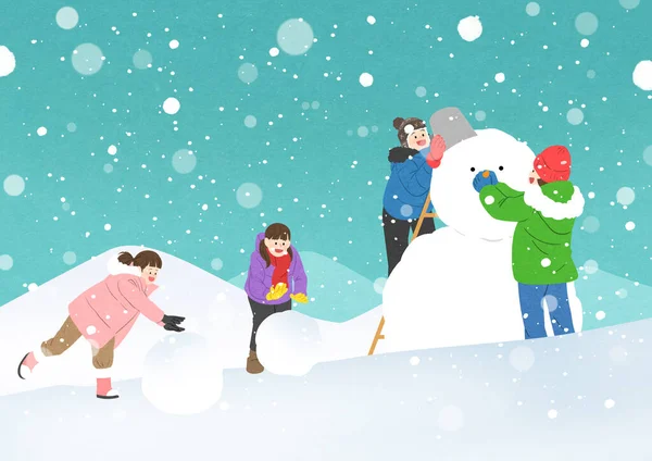 Mutlu Çocuklar Kardan Adam Yapıyor — Stok Vektör