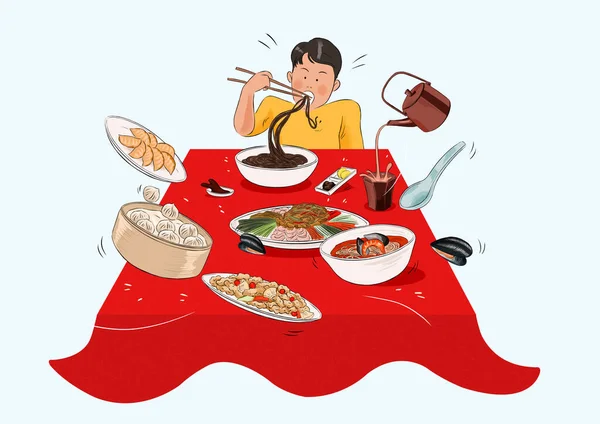 Υπερφαγία Έννοια Απολαύσετε Πολλά Τρόφιμα Στην Εικονογράφηση Τραπέζι — Διανυσματικό Αρχείο