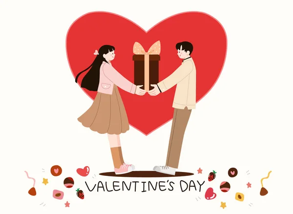 Día San Valentín Pareja Sosteniendo Regalo Con Fondo Corazón — Vector de stock