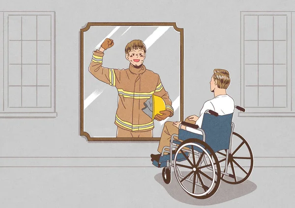 Mężczyzna Wózku Inwalidzkim Widząc Jak Jest Strażakiem Lustrze — Wektor stockowy