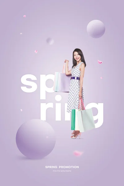 Primavera Venda Promoção Cartaz Com Belo Modelo Feminino Asiático Com — Fotografia de Stock