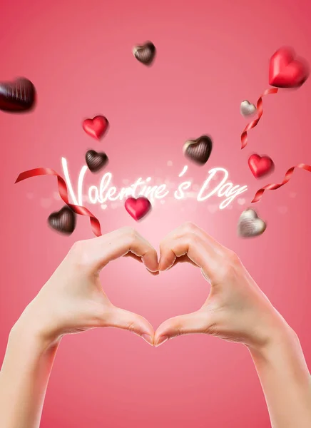 Cartel Gráfico Del Día San Valentín Haciendo Corazón Con Las — Foto de Stock