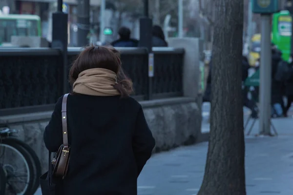Tiempo Frío Tiro Espalda Mujer Caminando Calle — Foto de Stock