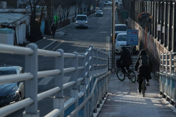 People Holding Bicycle Cross Overpass Winter — Stock Photo, Image
