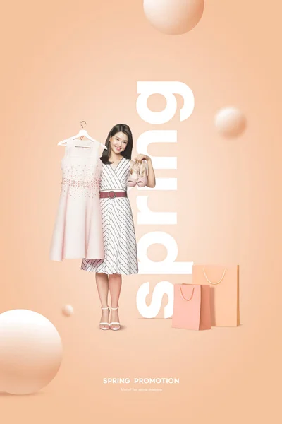spring sale promotion poster with Asian female model holding dress and shoes