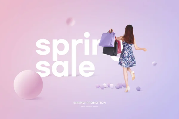 Vårförsäljning Reklamaffisch Med Kvinnlig Modell Med Shoppingväskor — Stockfoto
