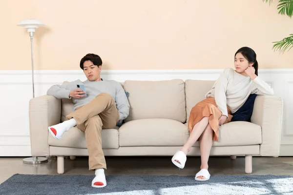 Asian Wife Looking Smartphone Phone Only Ignoring Husband — Stock Photo, Image