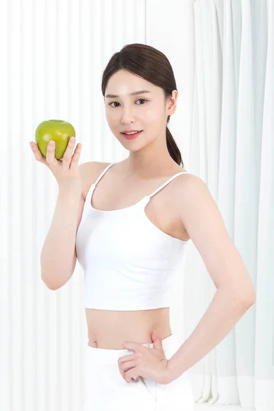 Hermosa Asiática Modelo Celebración Manzana Salud Belleza Concepto — Foto de Stock