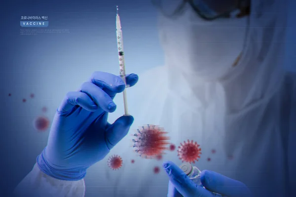 Mise Point Test Vaccin Homme Combinaison Protection Des Lunettes Tenant — Photo