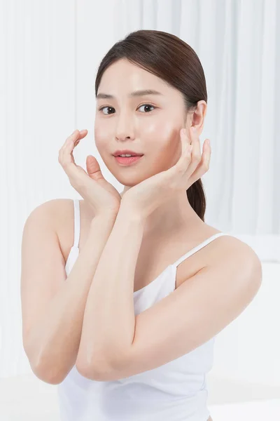 Closeup Beautiful Asian Model Hands Face Glowing Skin Beauty Concept — Stock Photo, Image