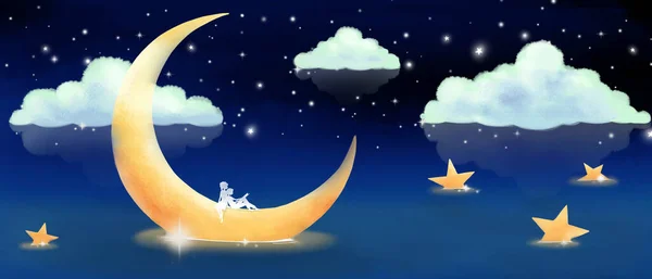 Niños Luna Estrellas Cielo Nocturno — Vector de stock