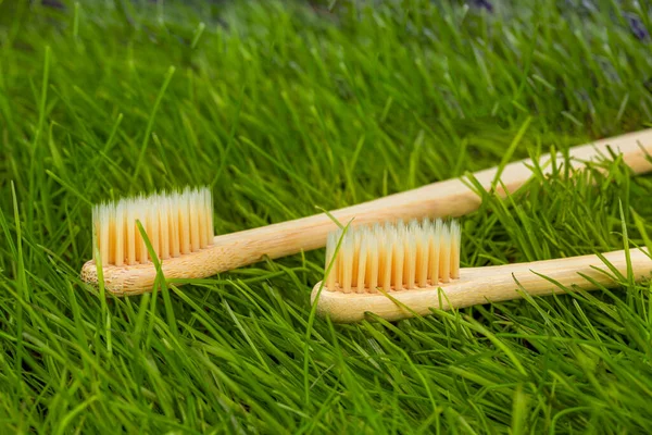 Zero waste - environmentally friendly bamboo toothbrush lying on the grass