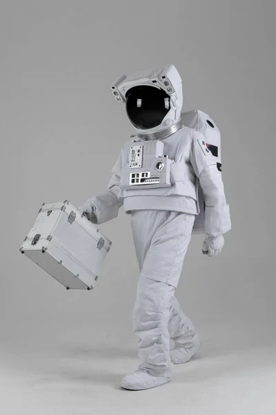 Astronaut Walking Holding Hard Brief Case White Background — Stock Photo, Image