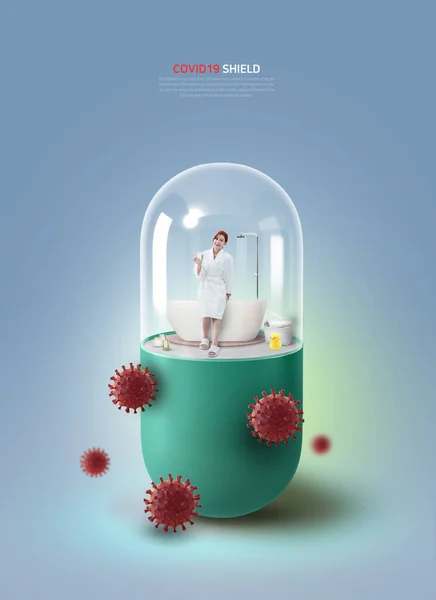 Covid Virüs Kavramından Güvenli Asya Modeli Kapsülde Günlük Hayatın Tadını — Stok fotoğraf