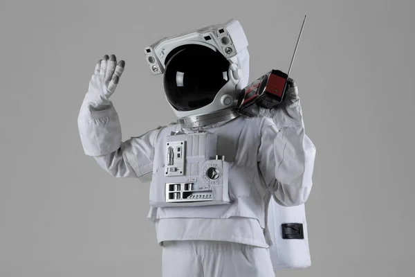 Happy Astronaut Listening Radio Music White Background — Stock Photo, Image