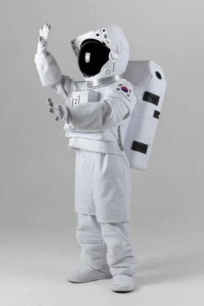 Astronaut Touching Empty Space White Background — Stock Photo, Image