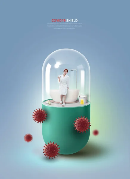 Safe Covid Virus Concept Asian Model Enjoying Daily Life Capsule — Stock Photo, Image