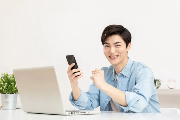Happy Young Asian Handsome Man Checking Test Job Result Laptop — Stok fotoğraf