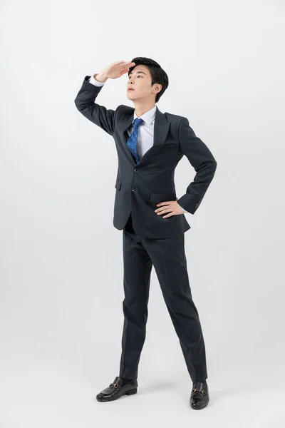 Young Asian Handsome Man Suit Businessman Looking Far Away — Stock Fotó