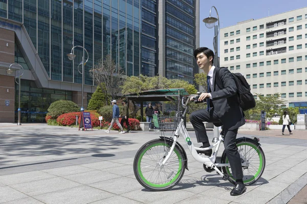 Lively Cheerful Asian Handsome Man Going Work Bicycle — Stok fotoğraf